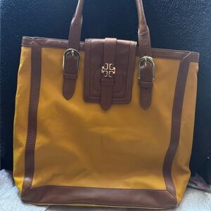 Tory Burch Mustard and Brown Leather-Trim Tote with Logo Accent